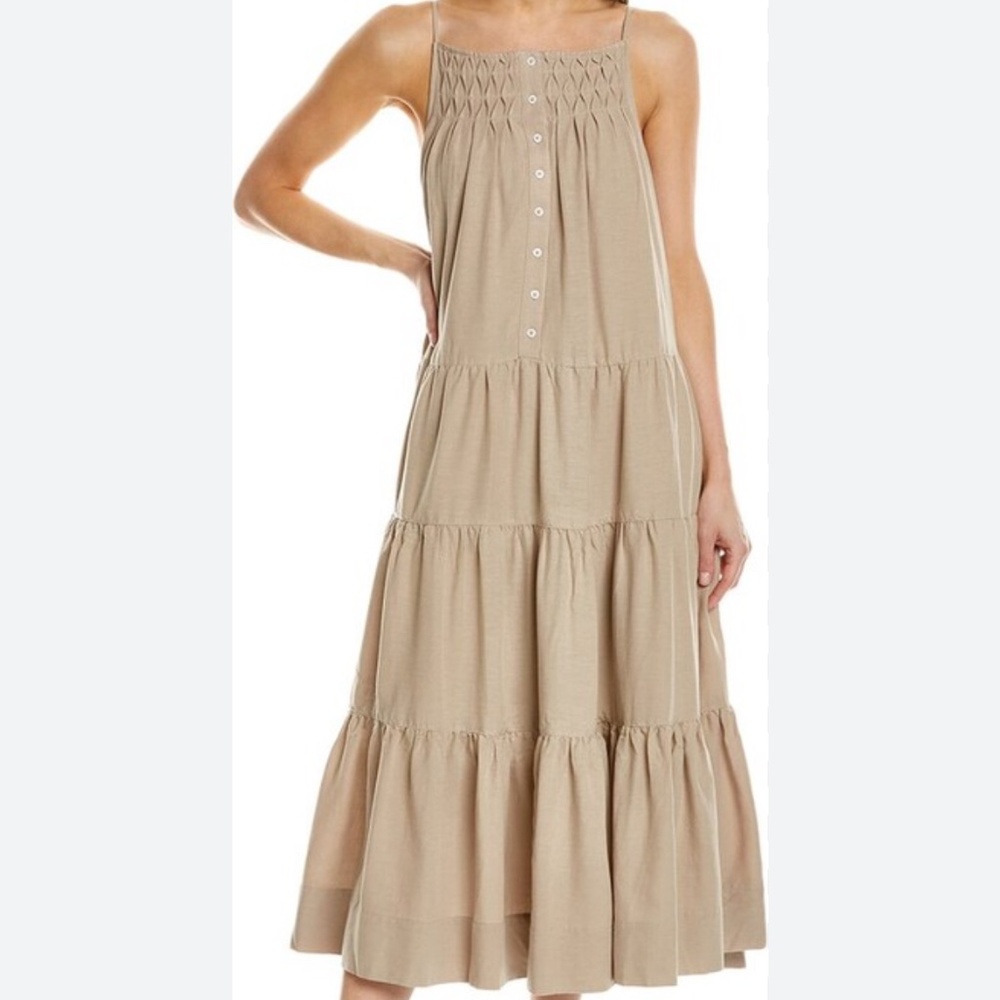 Elie Tahari Tiered Linen-Blend Midi Dress Baige Sundress Size M